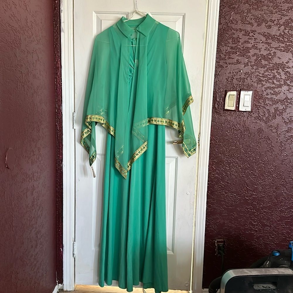 Vintage 60s Green Dress & Matching Cape Set Size 13/14 Sleeveless Mod Retro